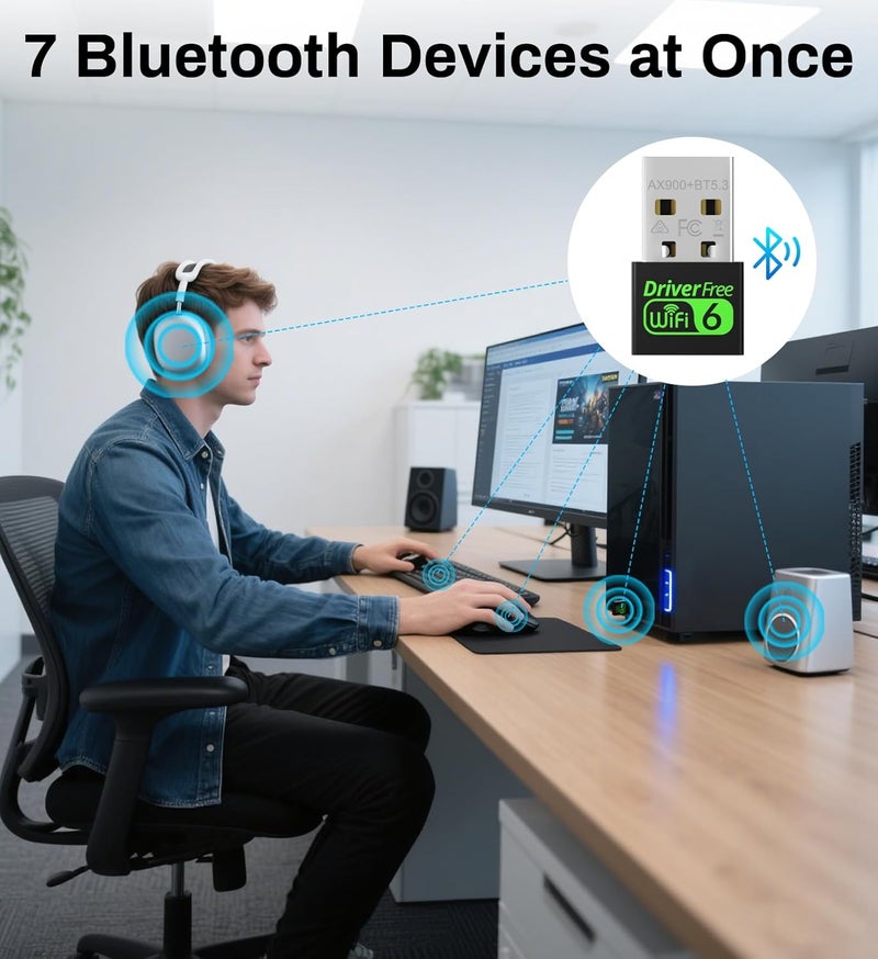 Auscoumer USB WiFi 6 Adapter for PC Desktop & Laptop, 900Mbps Dual Band 2.4/5GHz with Bluetooth 5.3, Nano Size Plug & Play, Windows 11/10 Driver-Free, Reconnect 7 Devices Simultaneously - Image 5